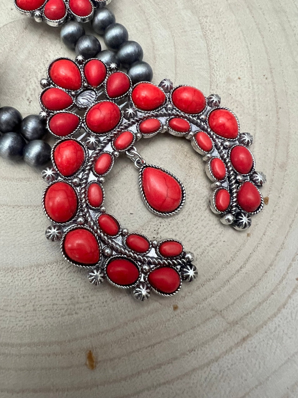 Faux Coral Long Squash Blossom Statement Necklace - 32 inch necklace